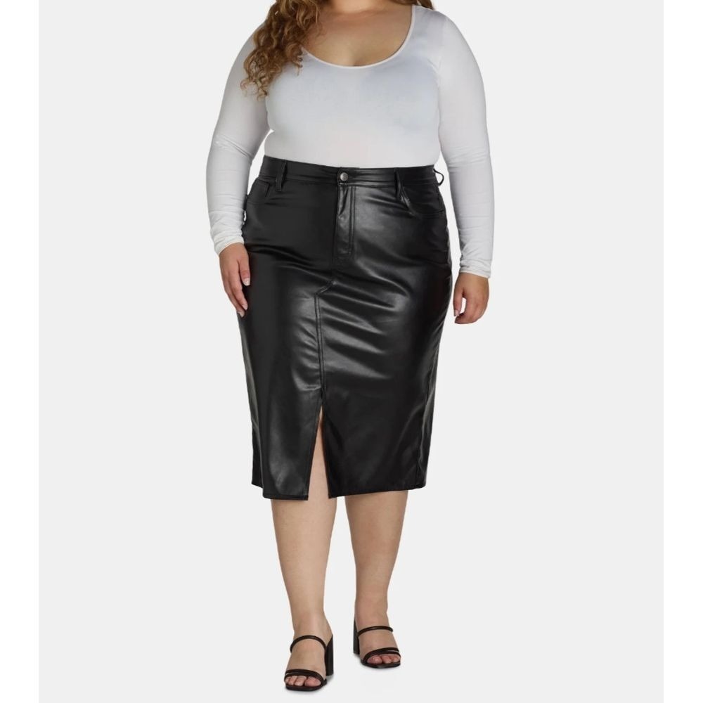 Womens 24W Midi Blk Faux Leather Skirt Businesscasual Y2K Goth Bikecore Girlboss